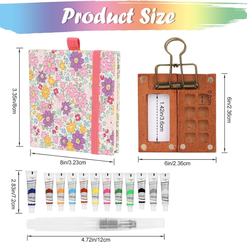 BLSFXROE Travel Watercolor Set，Mini Paint Palette Travel kit，Mini Water Color Paint Set，Wooden 8 Grid Paint Box,12 Colors Small Watercolor Sketchbook for Artists Painters Students(Pink) - Image 2